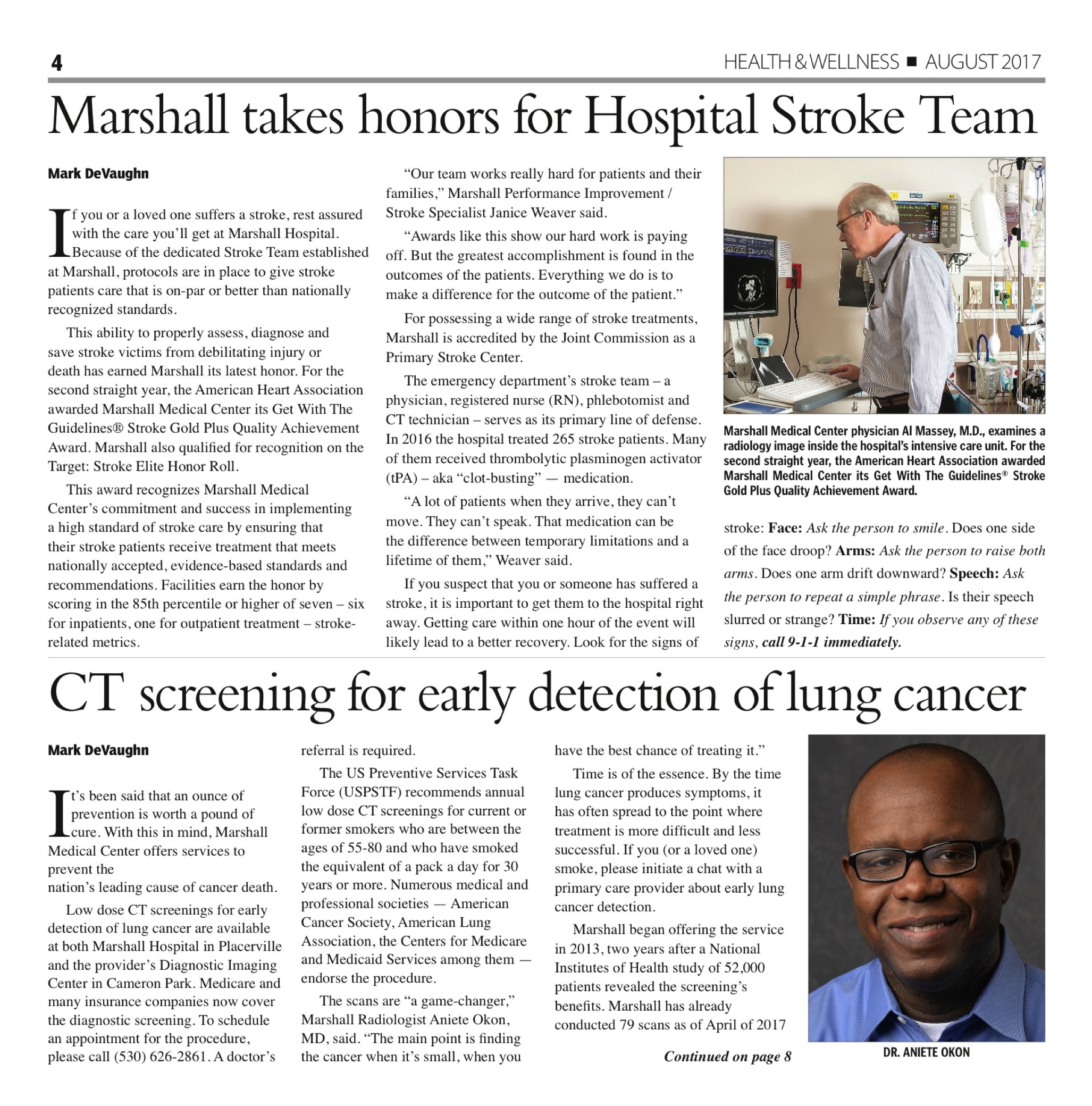 Marshall Takes Honors for Hospital Stroke Team Newspaper Article 
