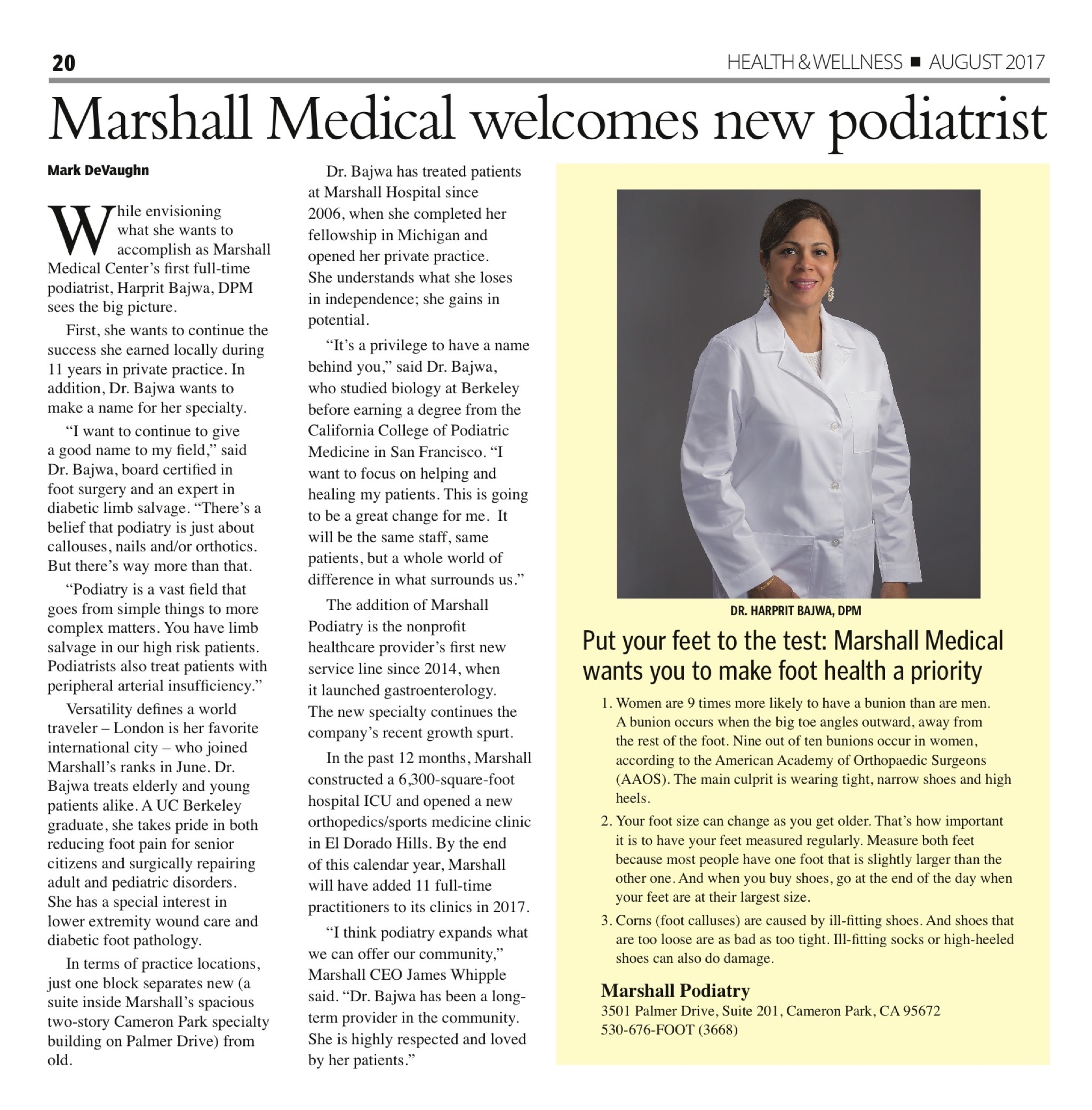 Marshall Medical Welcomes New Podiatrist Newspaper Article